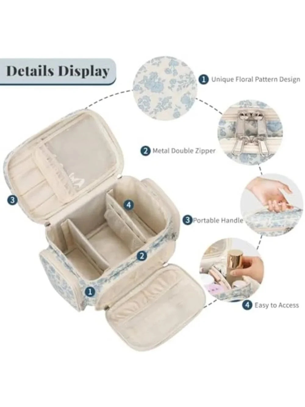 Large Floral Quilted Makeup Bag Organizer for Women - Stylish Travel Cosmetic